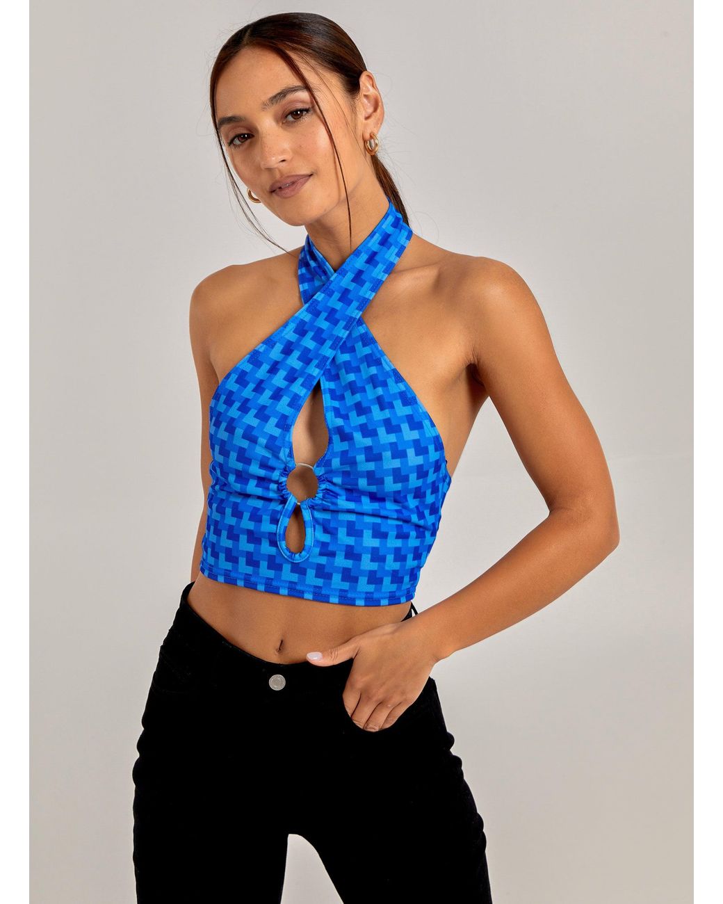Pink Vanilla Blue Geometric Print Cut Out Halterneck Top