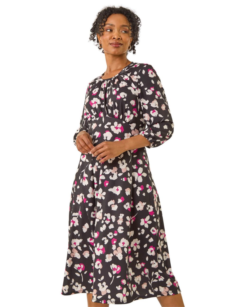 Roman Petite Floral Gathered Midi Dress