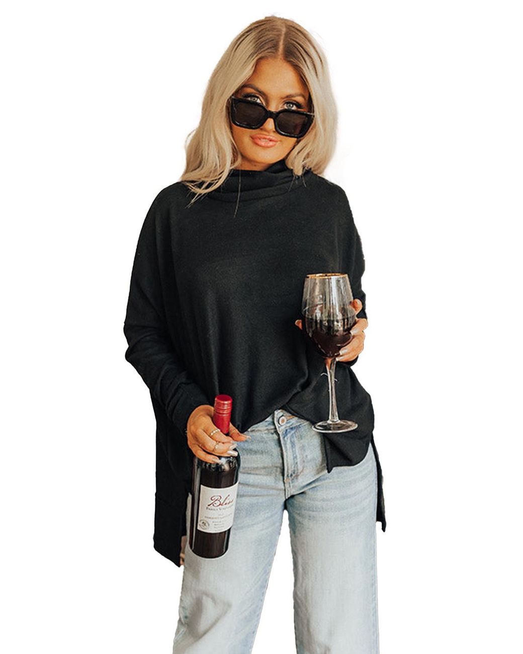 Azura Exchange Black Oversized Mock Neck Sweater Relaxed Fit