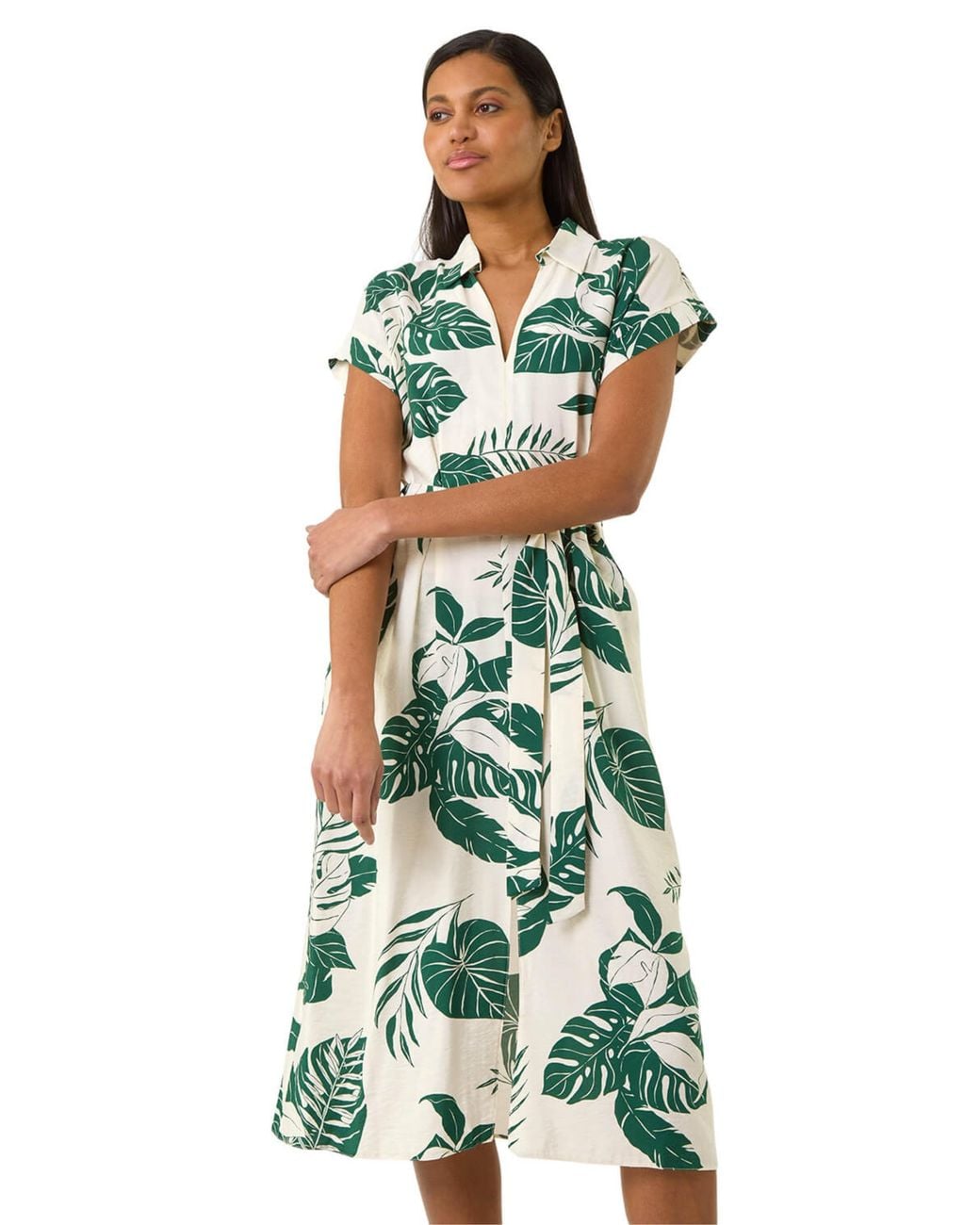 Roman Green Leaf Print Belted Shirt Midi Dress