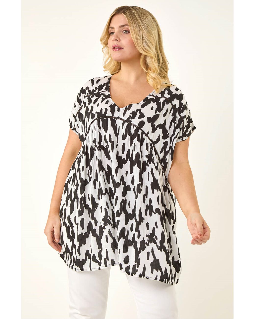 Roman White Curve Ladder Printed Top