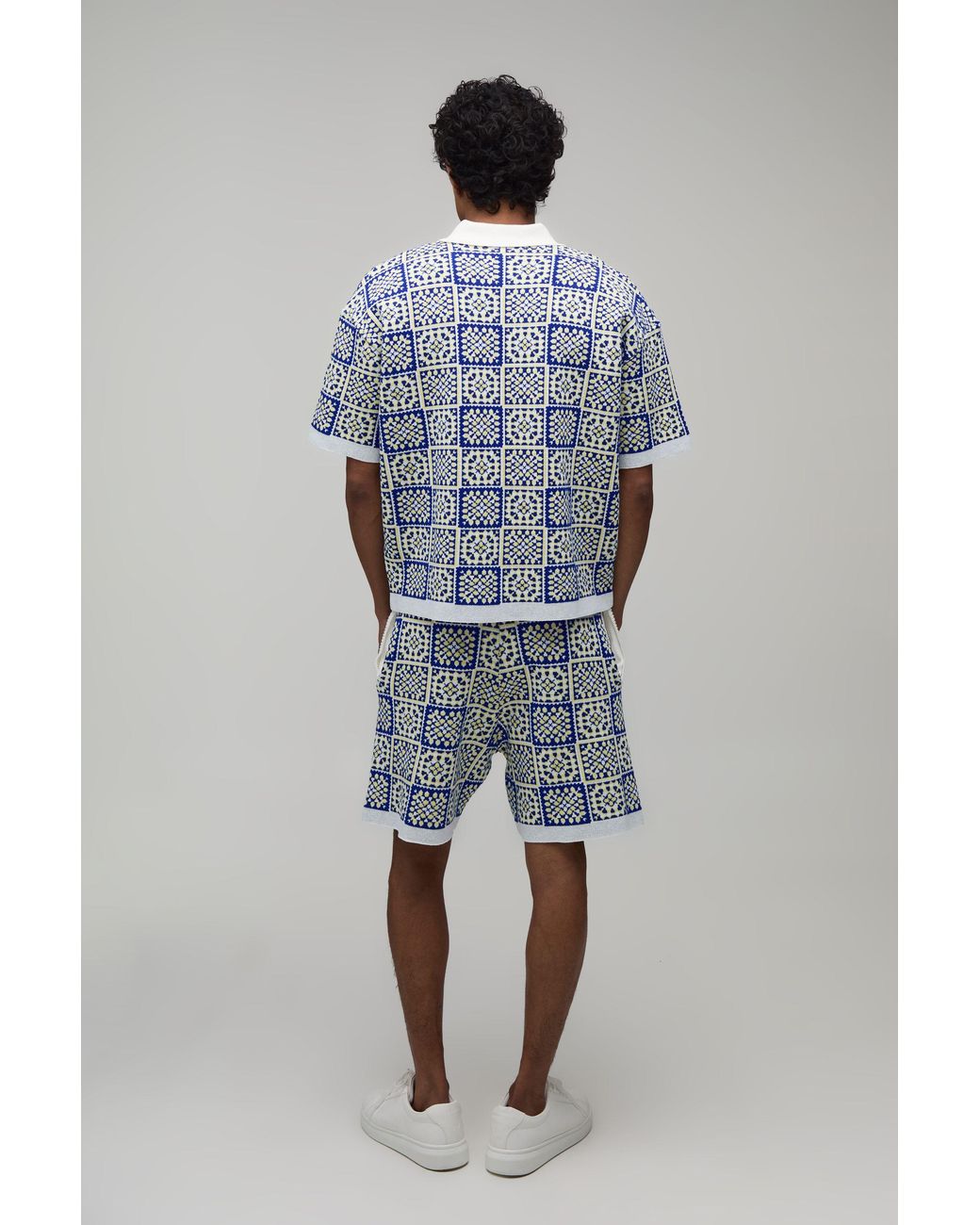 BoohooMAN Blue Oversized Boxy Crochet Square Knitted Polo And Short Set for men