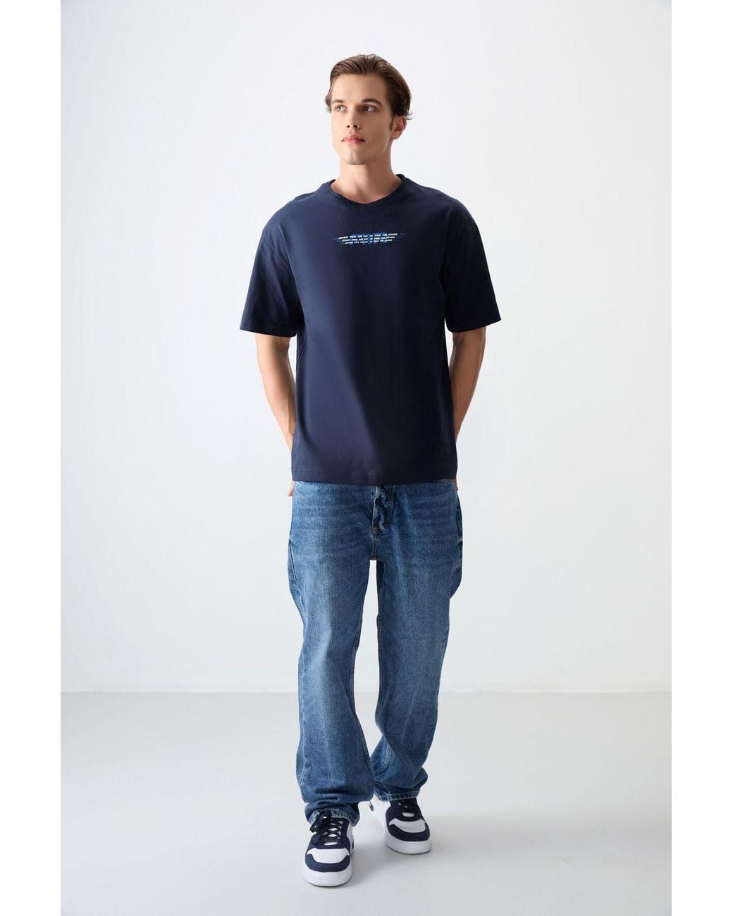 TOMMY LIFE Blue Oversized Cotton Logo T-Shirt for men