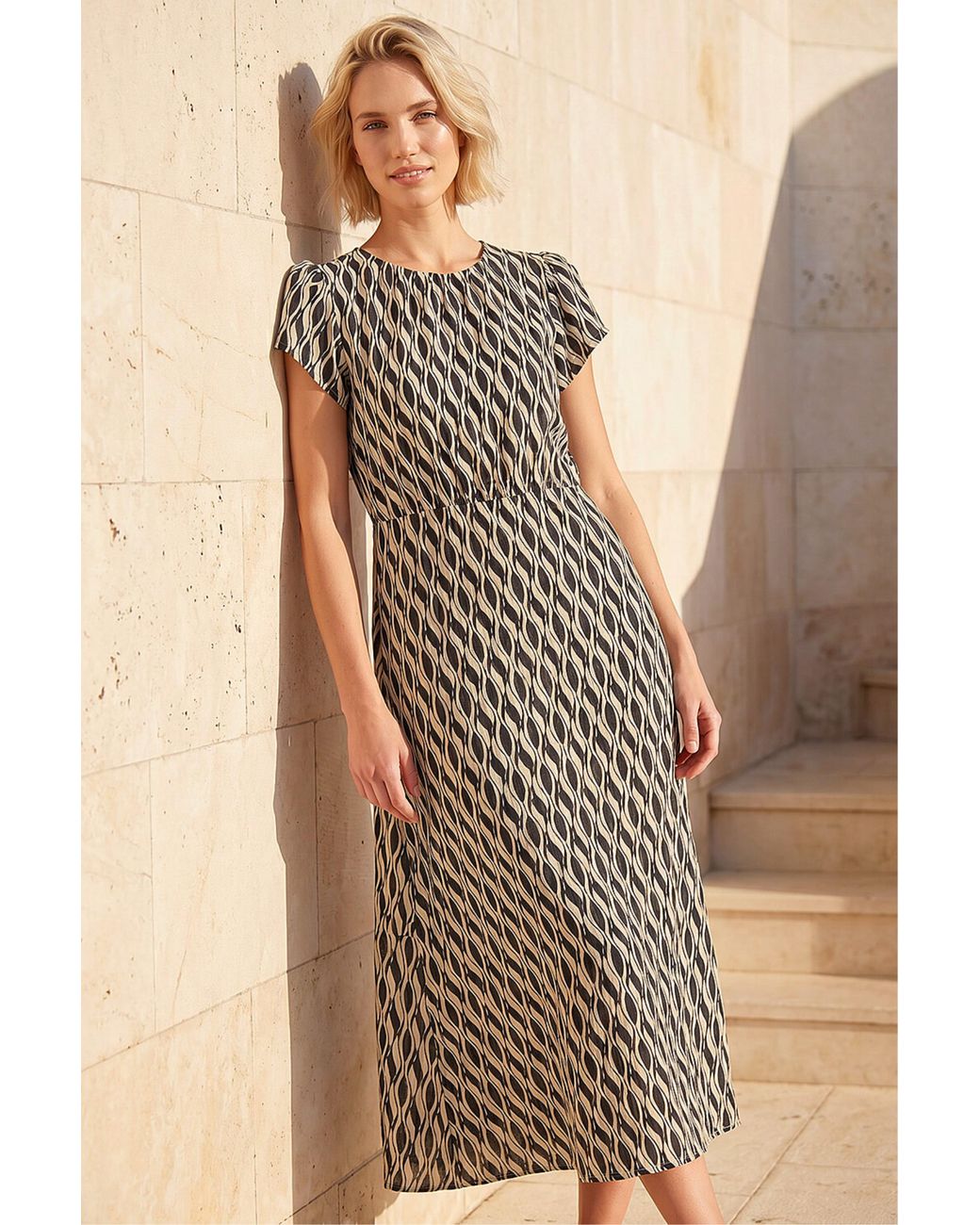 Roman Natural Abstract Geo Print Midi Dress