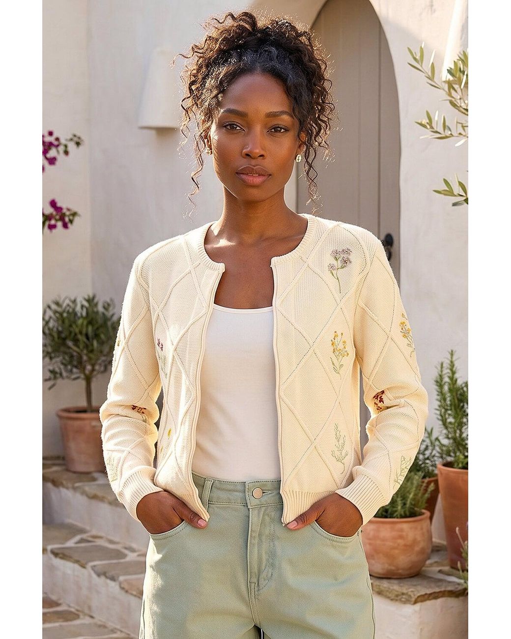 Roman Blue Floral Embroidered Knit Cardigan