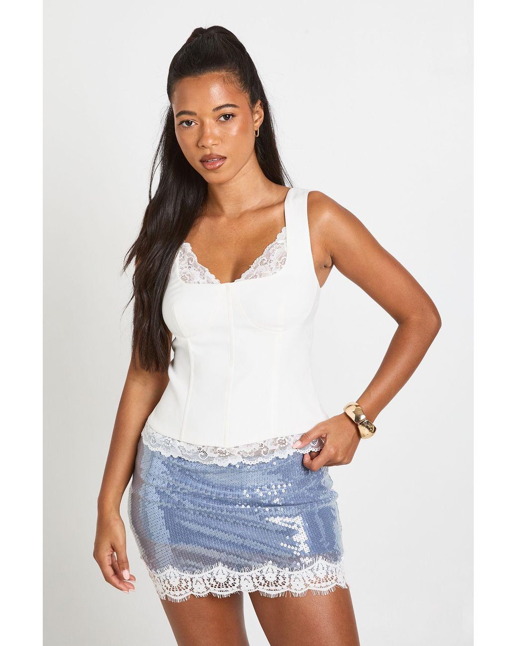 Boohoo White Lace Trim Sequin Mini Skirt