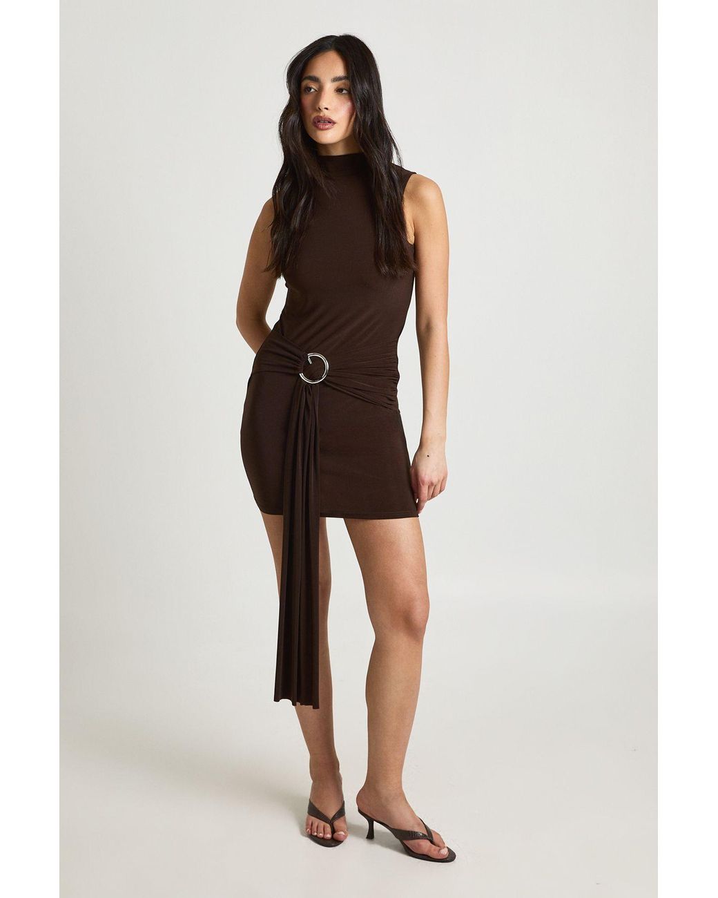 Boohoo Brown Slinky Sleevless Trim Wrap Waist Dress