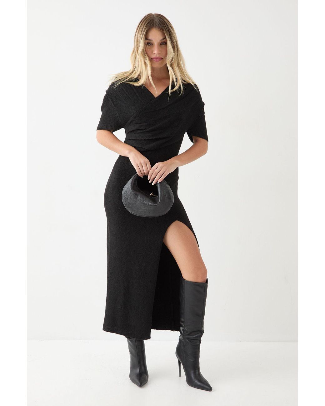 MissPap Black Knitted Wrap Front Split Hem Maxi Dress
