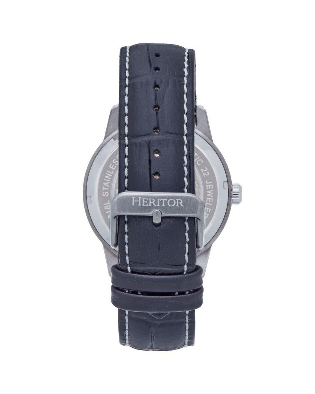 Heritor Metallic Davies Semi-Skeleton Leather-Band Watch for men