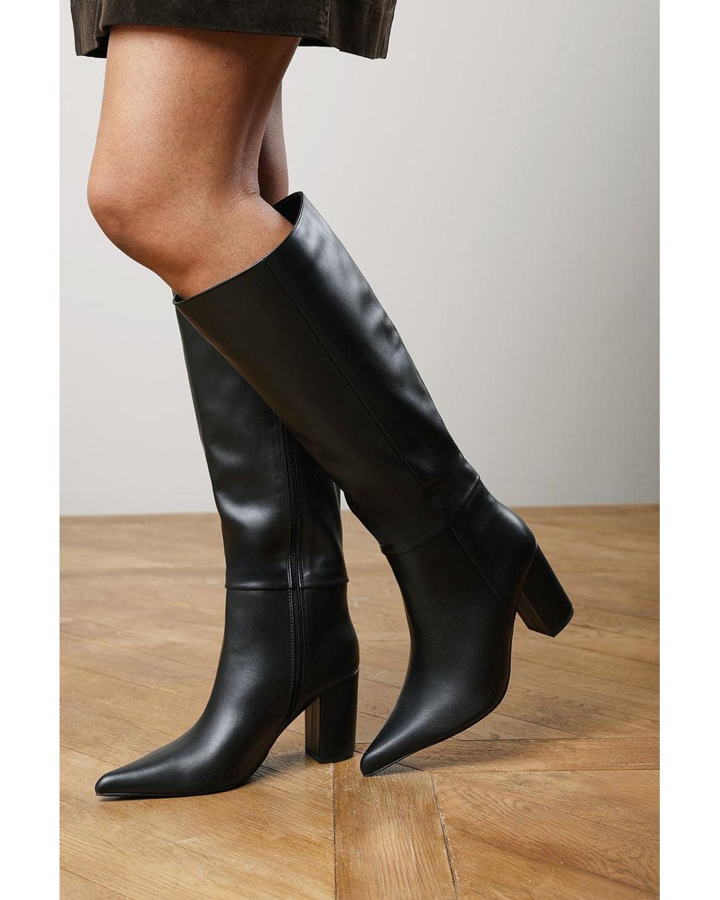 Where's That From Black Evixa Wide Fit Knee High Pointed Toe Block Heel Boot