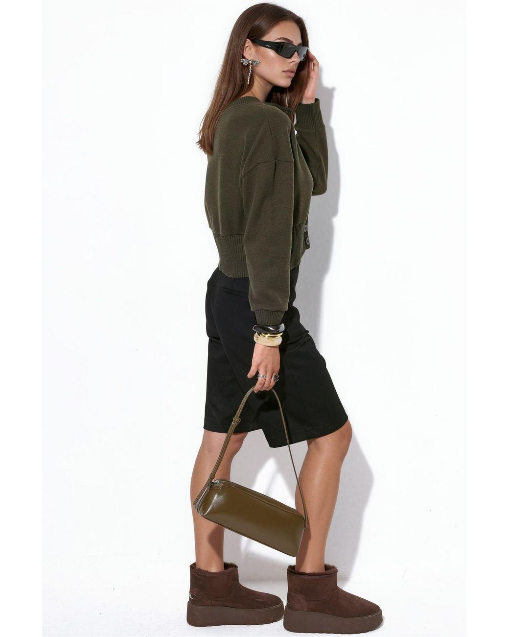Busem Green Crop Ribbed Button Cardigan