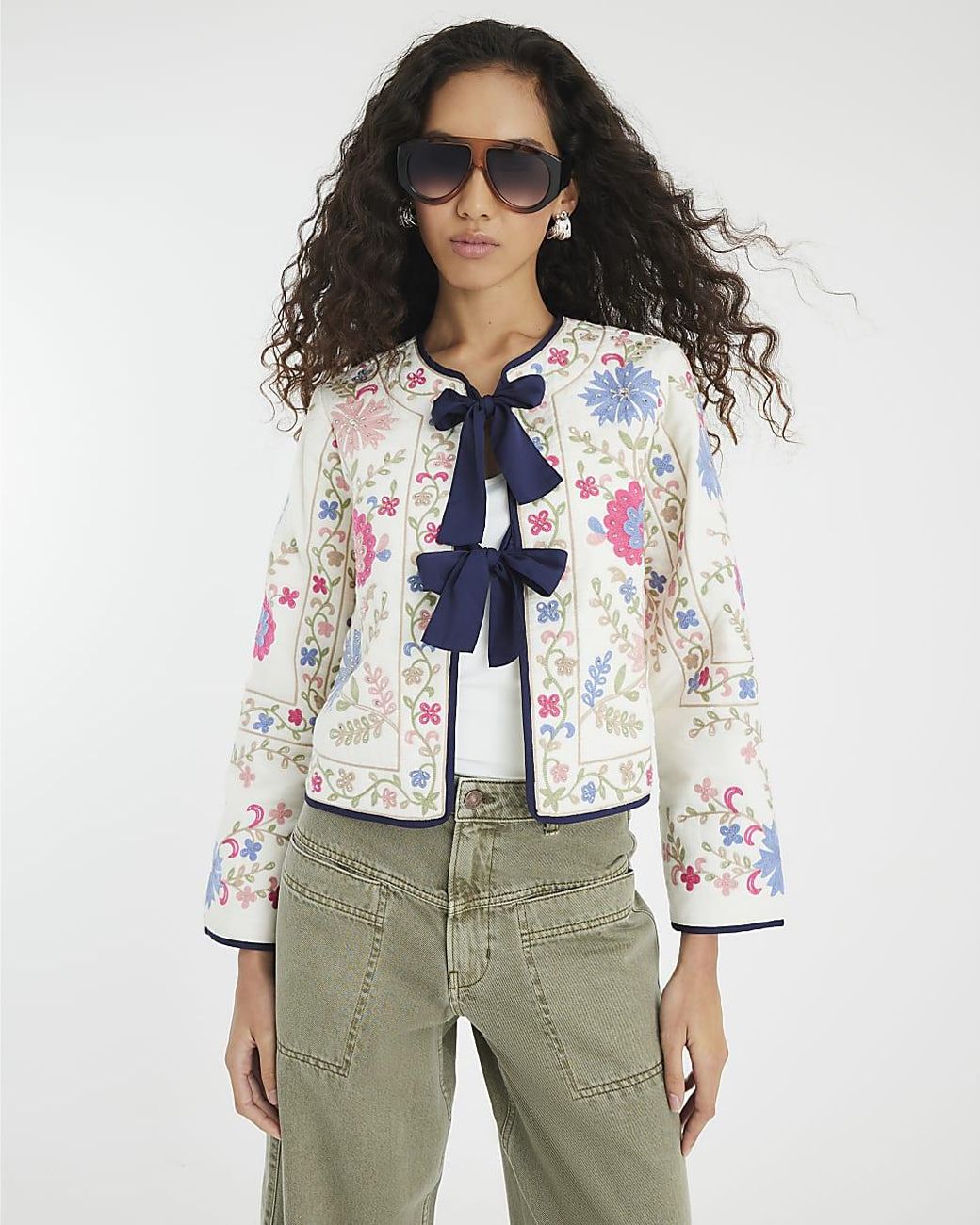 River Island Gray Jacket Floral Embroidered Tie Front Cotton