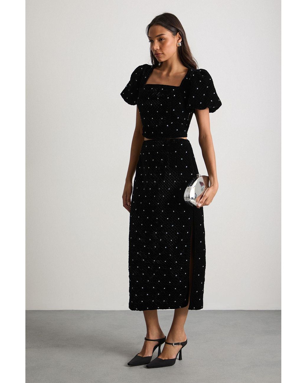 Warehouse Black Velvet Embellished Pencil Midi Skirt