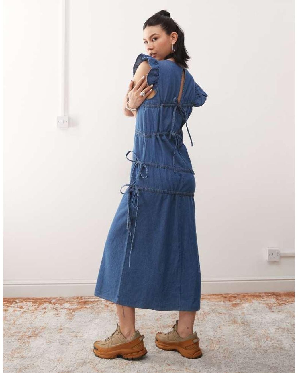 Reclaimed Vintage Blue Denim Maxi Dress With Asymmetric Ruching