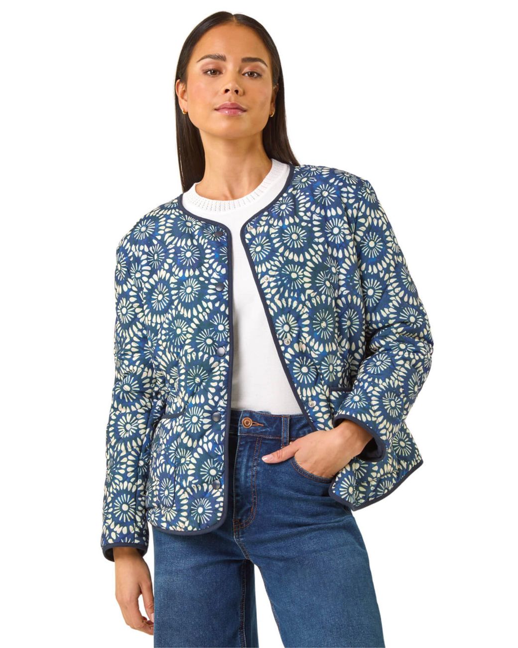 Roman Blue Petite Geo Quilted Puffer Jacket