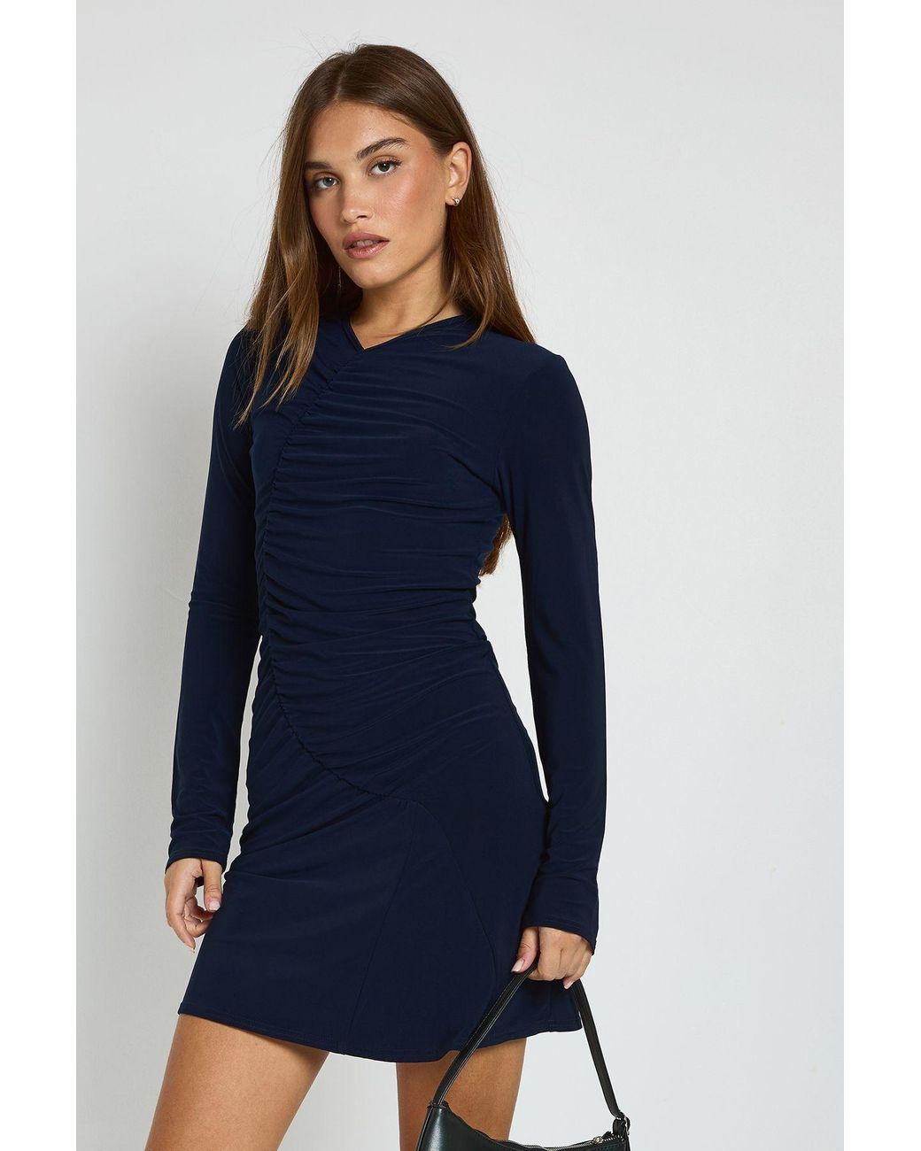 Boohoo Blue Ruched Long Sleeve Mini Dress