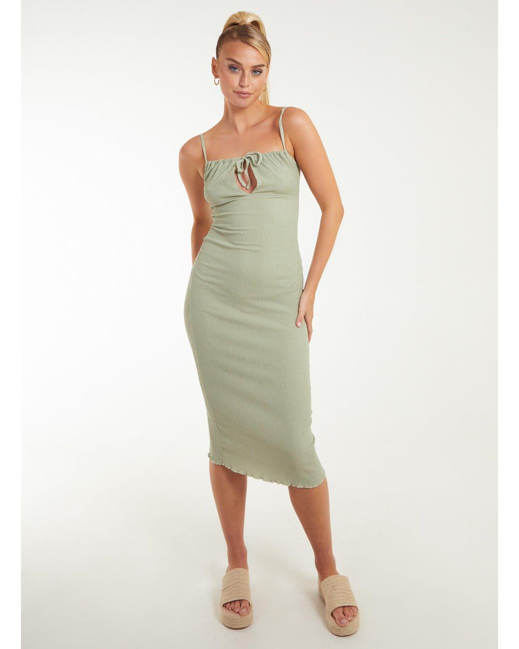 Pink Vanilla Green Crinkle Tie Midi Dress