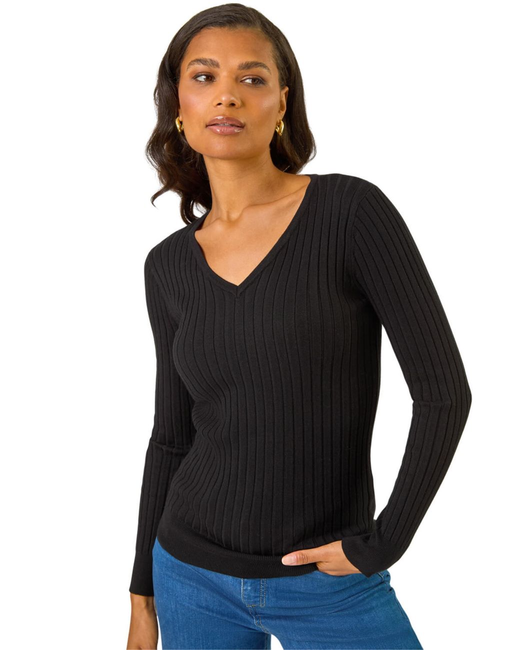 Roman Black V-Neck Ribbed Knit Jumper