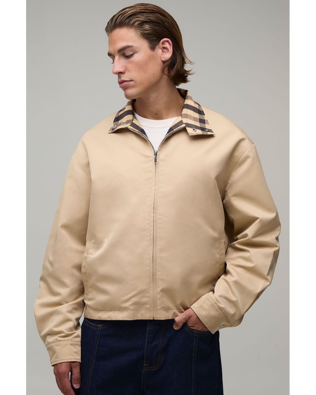 BoohooMAN Natural Boxy Fit Reversible Check Twill Harrington Jacket for men