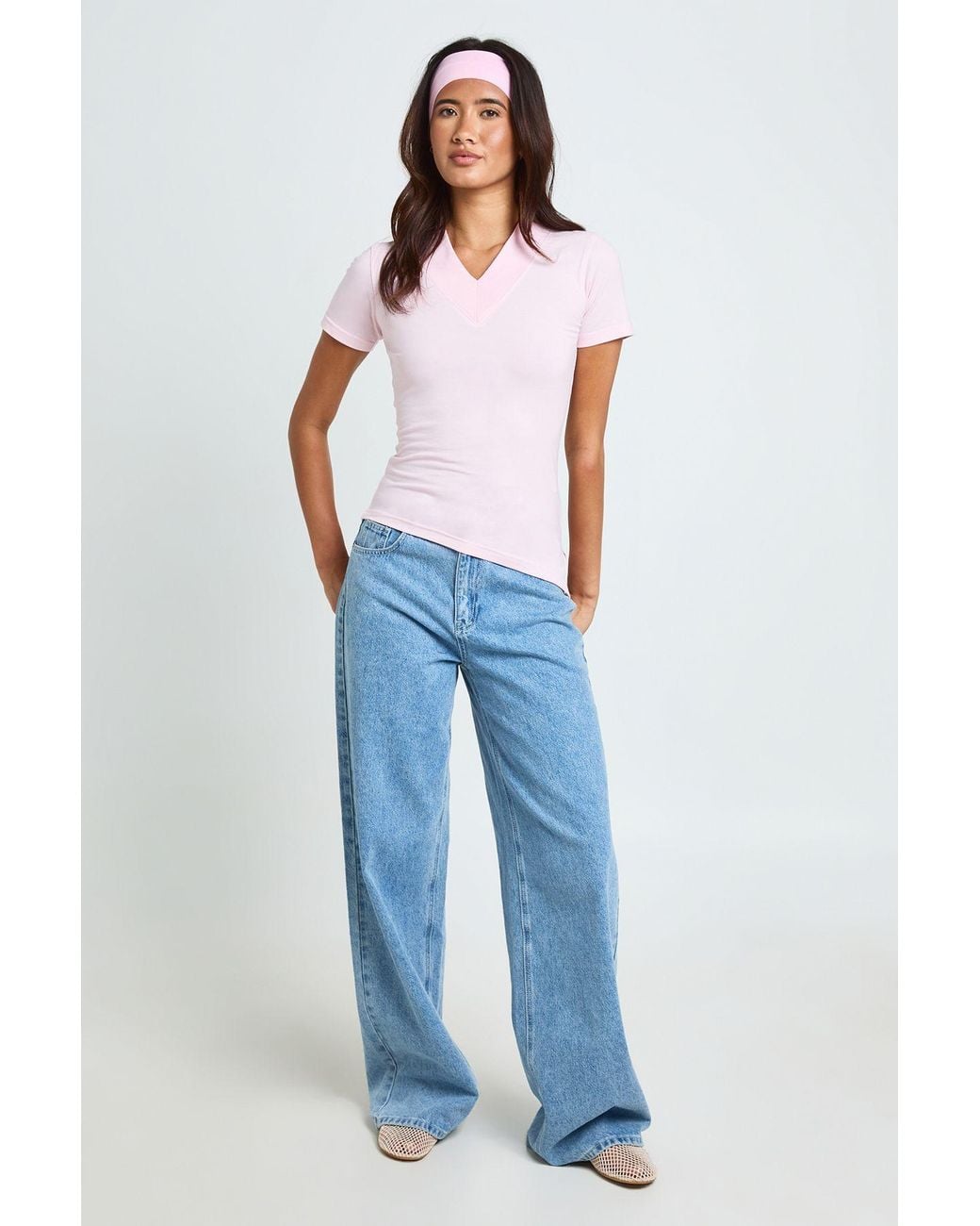 Boohoo Blue V Neck Asym Hem T-Shirt