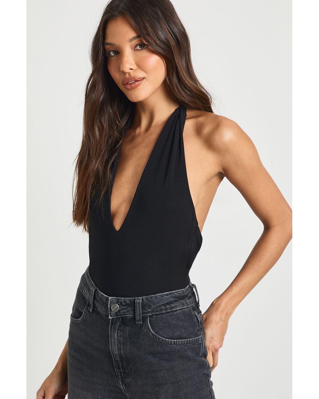 Boohoo Black Double Layer Slinky Scarf Detail Halterneck Bodysuit
