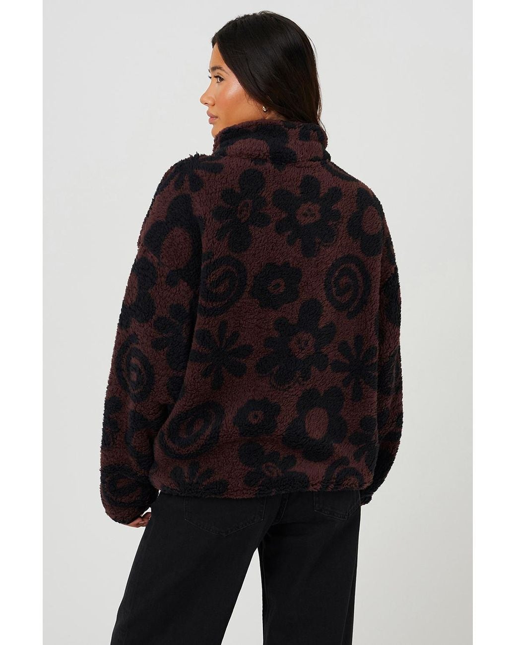 Brave Soul Blue Flower Print Sherpa Fleece Sweatshirt