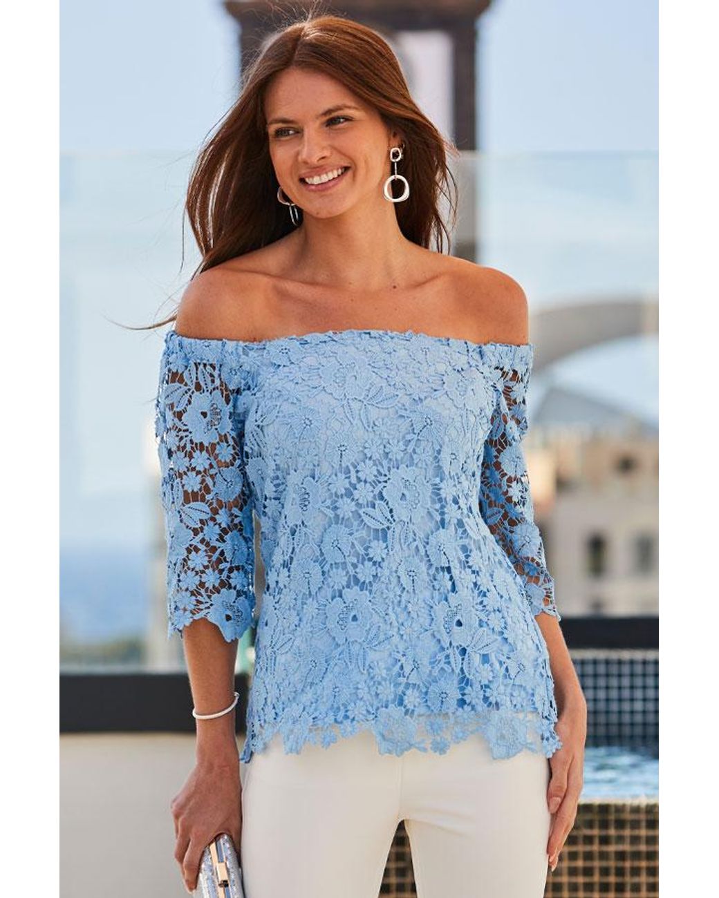 Sosandar Blue Pastel Luxe Lace Bardot Top