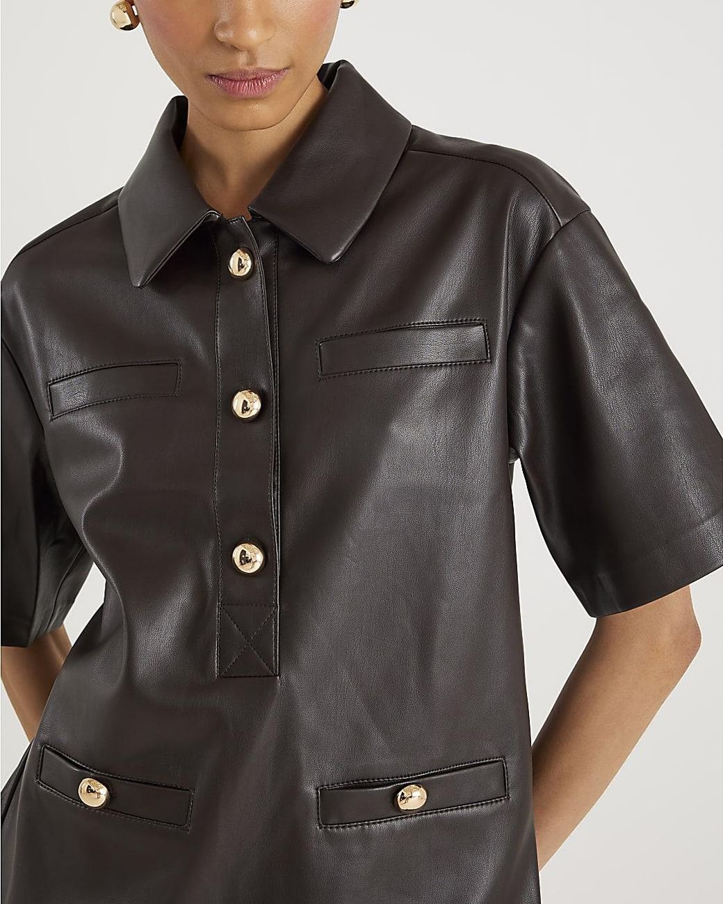 River Island Gray Shirt Dress Faux Leather Pocket Detail Pu