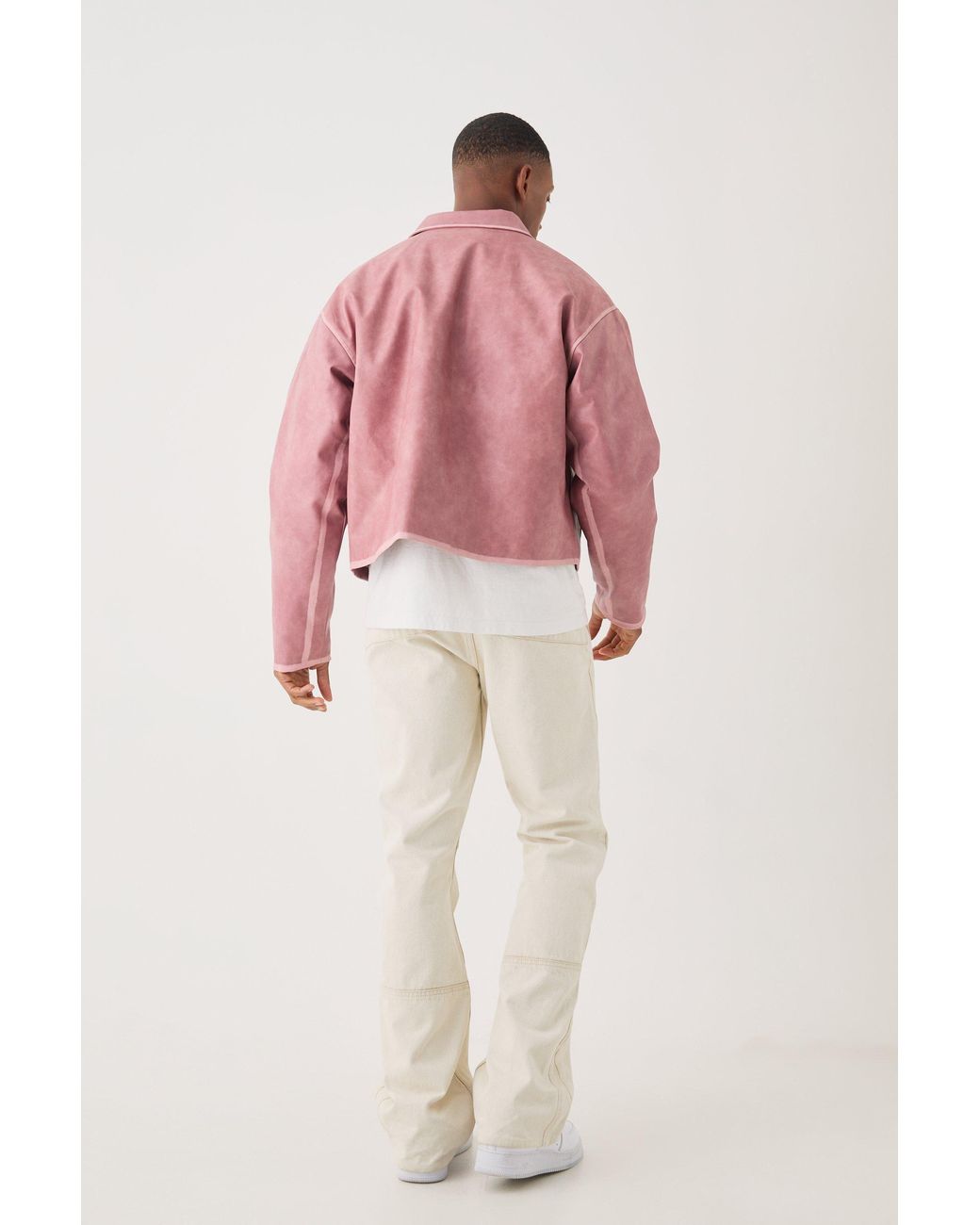 BoohooMAN Boxy Tumble Pu Applique Harrington Jacket In Pink for men