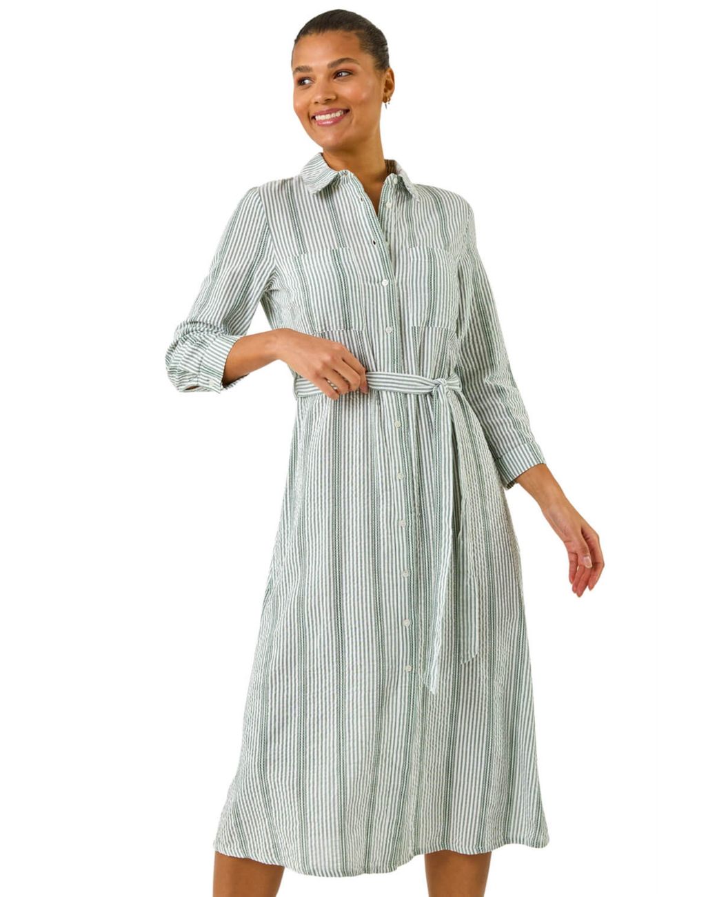 Roman Gray Textured Stripe Belted Shirt Dress