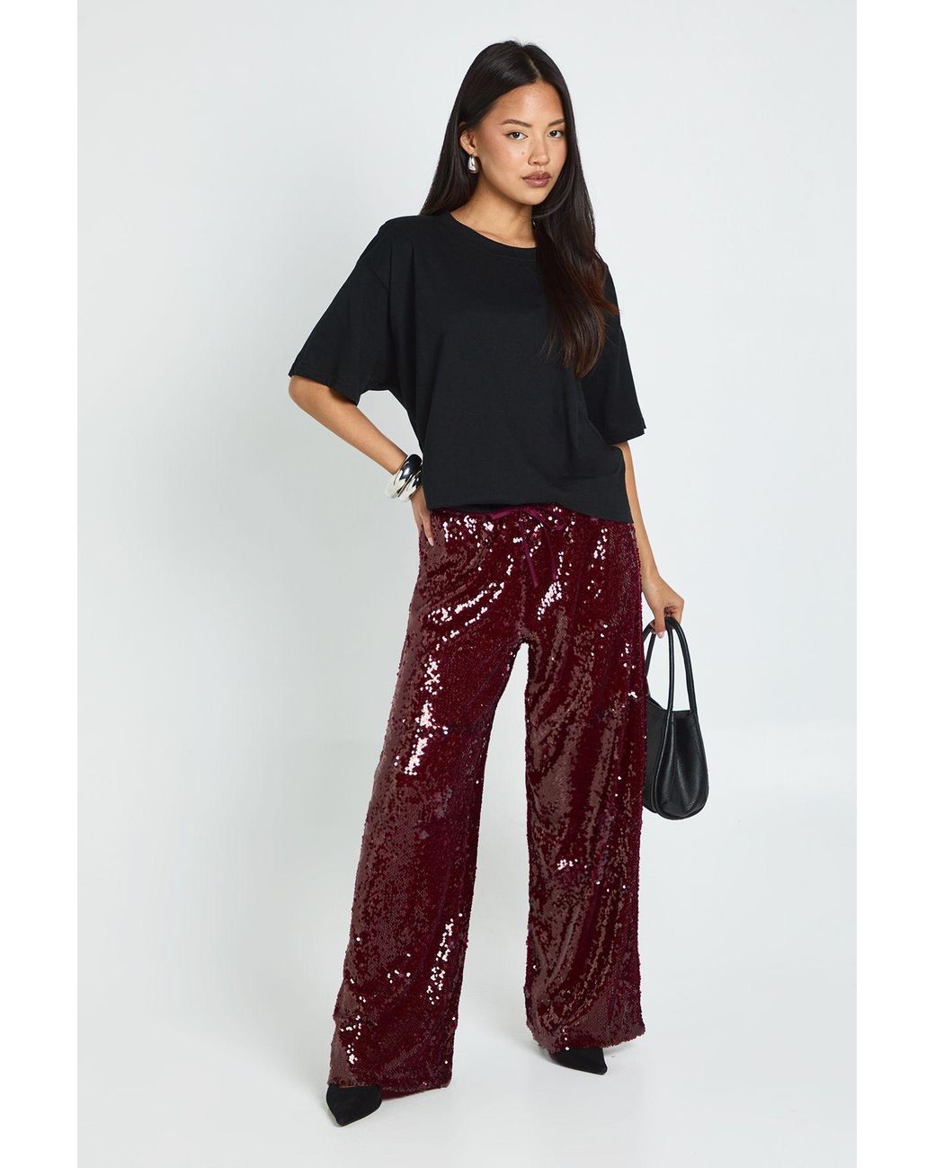 Boohoo Red Petite Low Rise Drawcord Waistband Sequin Trouser