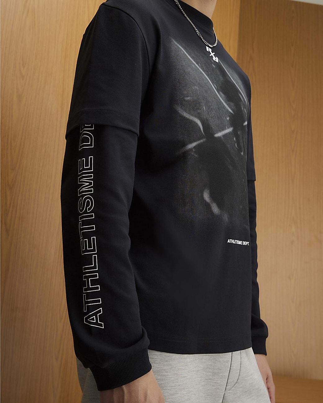 River Island Black T-Shirt Athletisme Dept Double Layered Cotton for men
