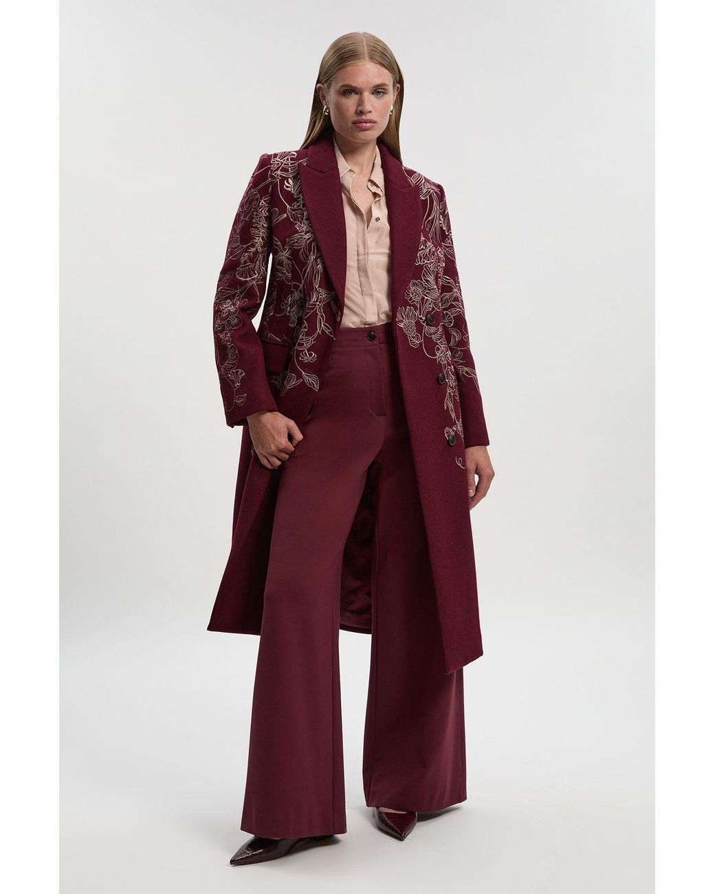 Karen Millen Wool Floral Embroidered Double Breasted Coat