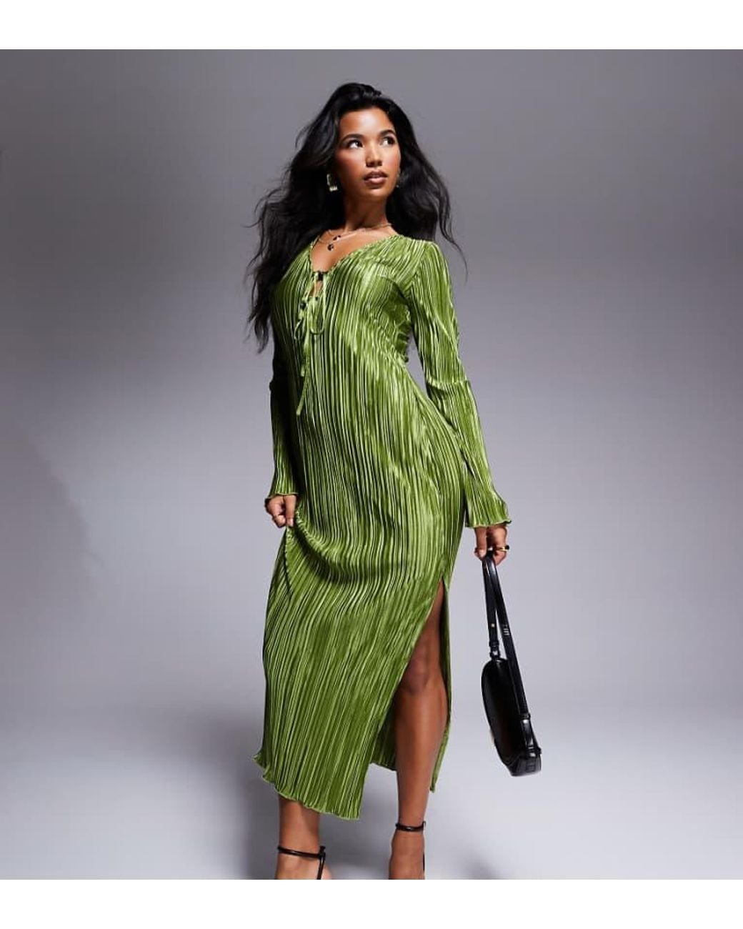 In The Style Green Exclusive Tie Front Plisse Maxi Dress