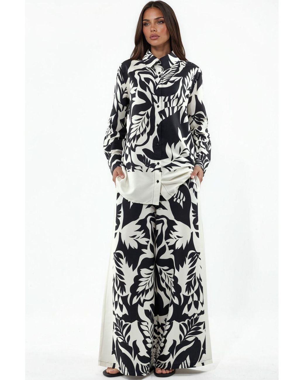 Msn-Collection White Floral Cotton-Viscose Shirt And Wide-Leg Pants Set