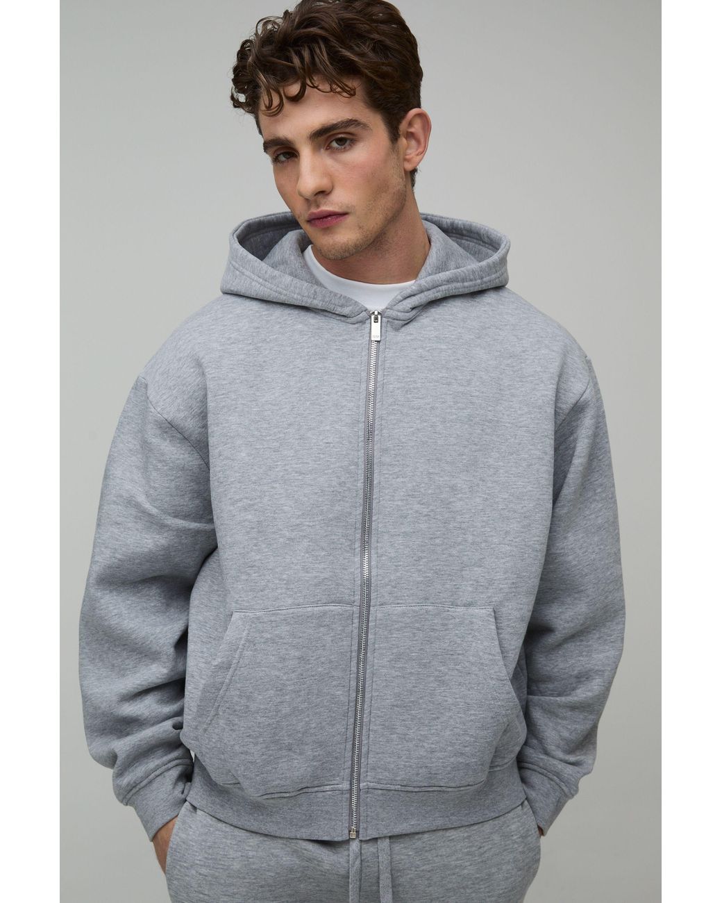 BoohooMAN Gray Basic Oversized Boxy Zip Through Hoodie for men
