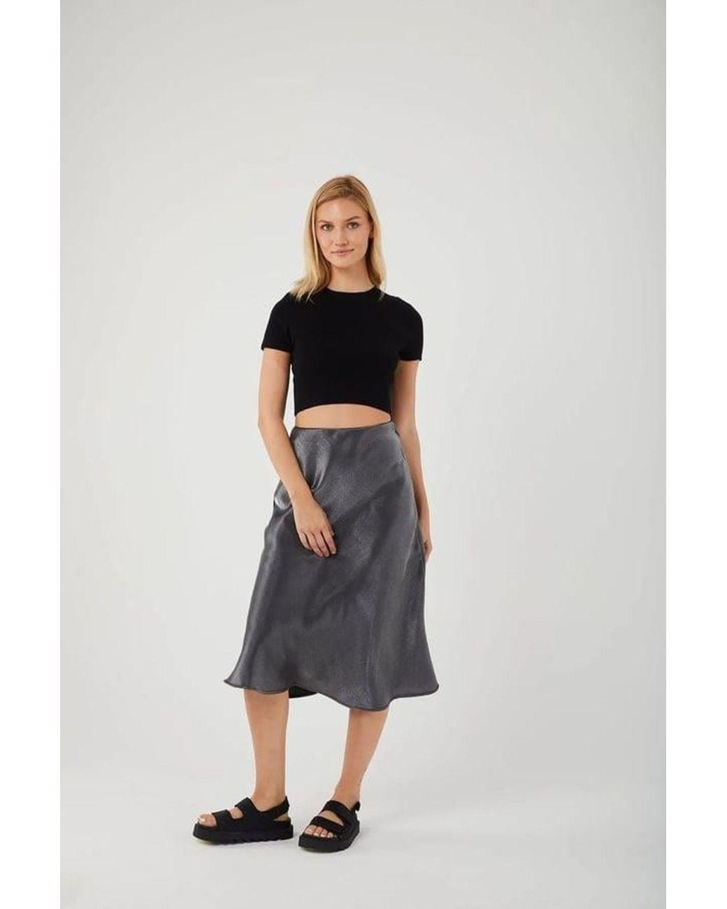 MixRay Blue Satin Midi Skirt With Elastic Waist