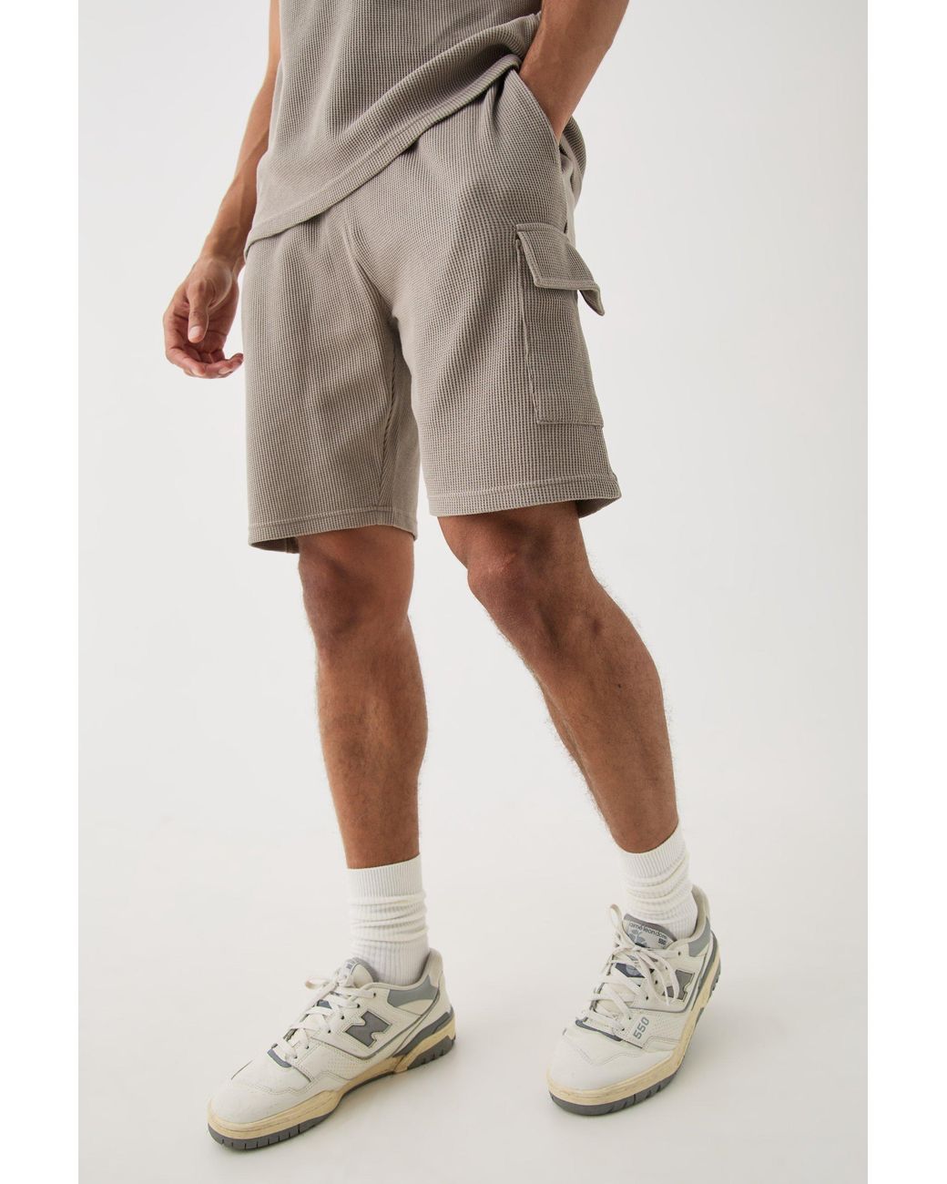 BoohooMAN Natural Slim Fit Waffle Cargo Short for men