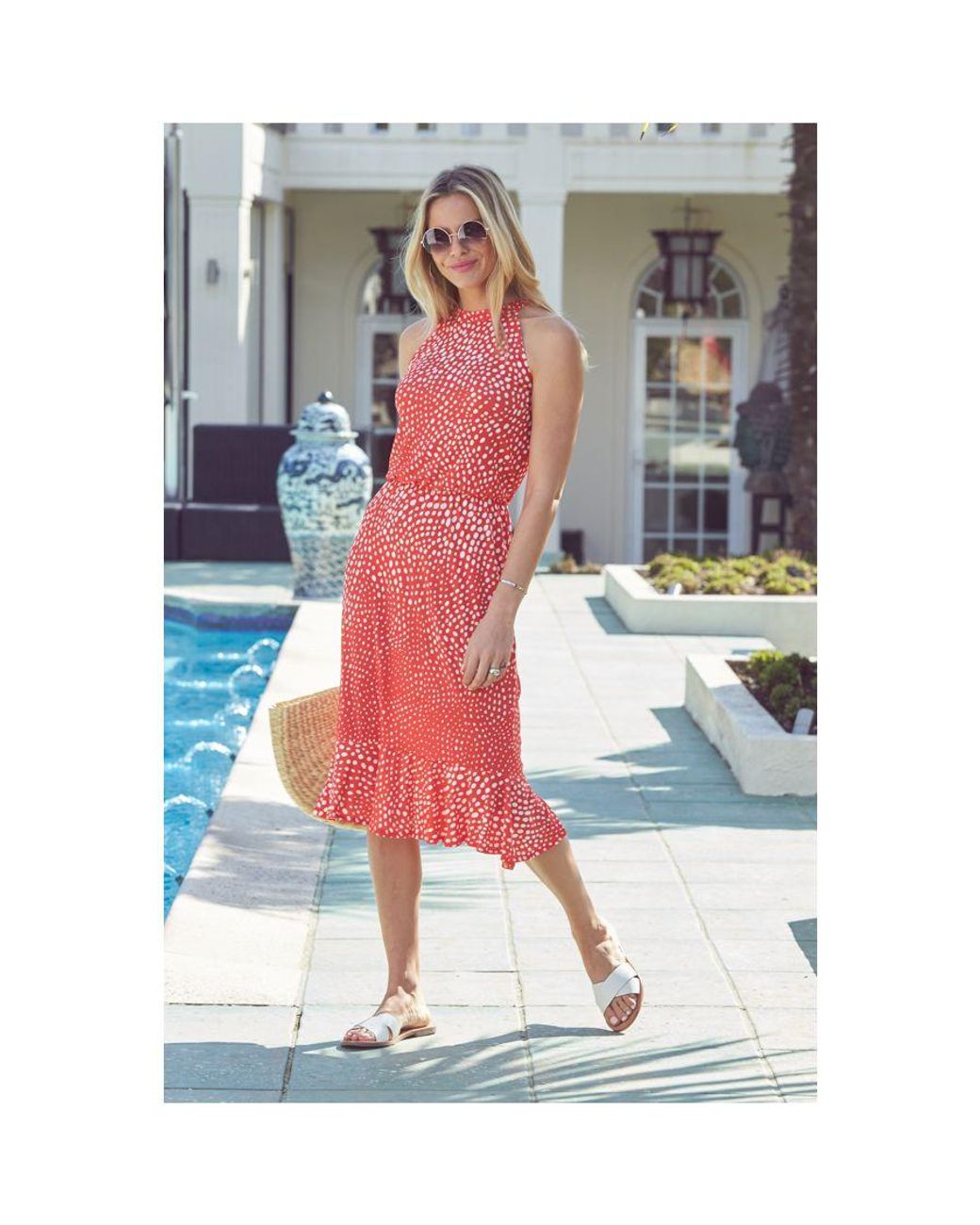 Sosandar Orange Spot Print Stretch Waist Midi Jersey Dress