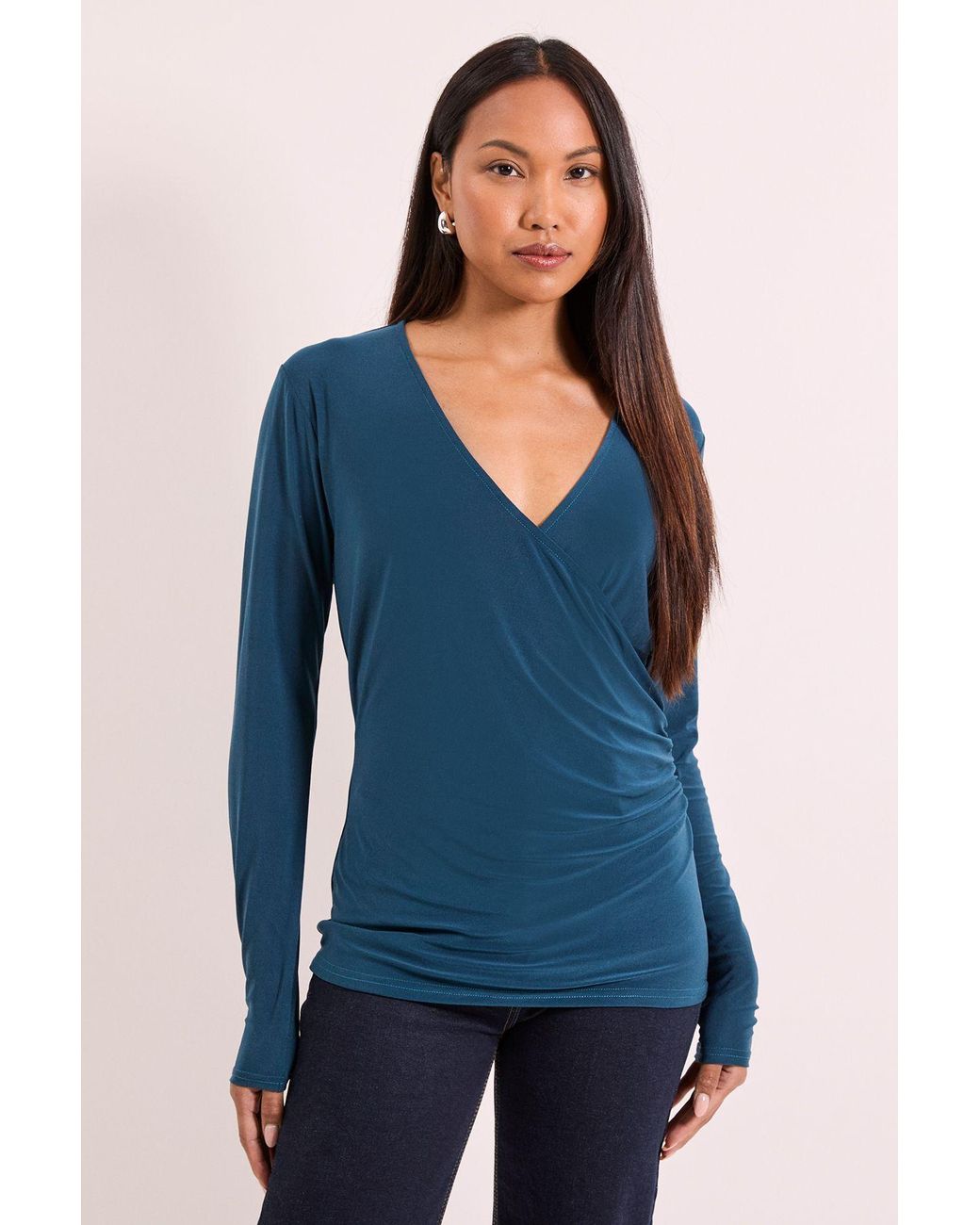 PRINCIPLES Blue Wrap Ruched Side Long Sleeve Jersey Top