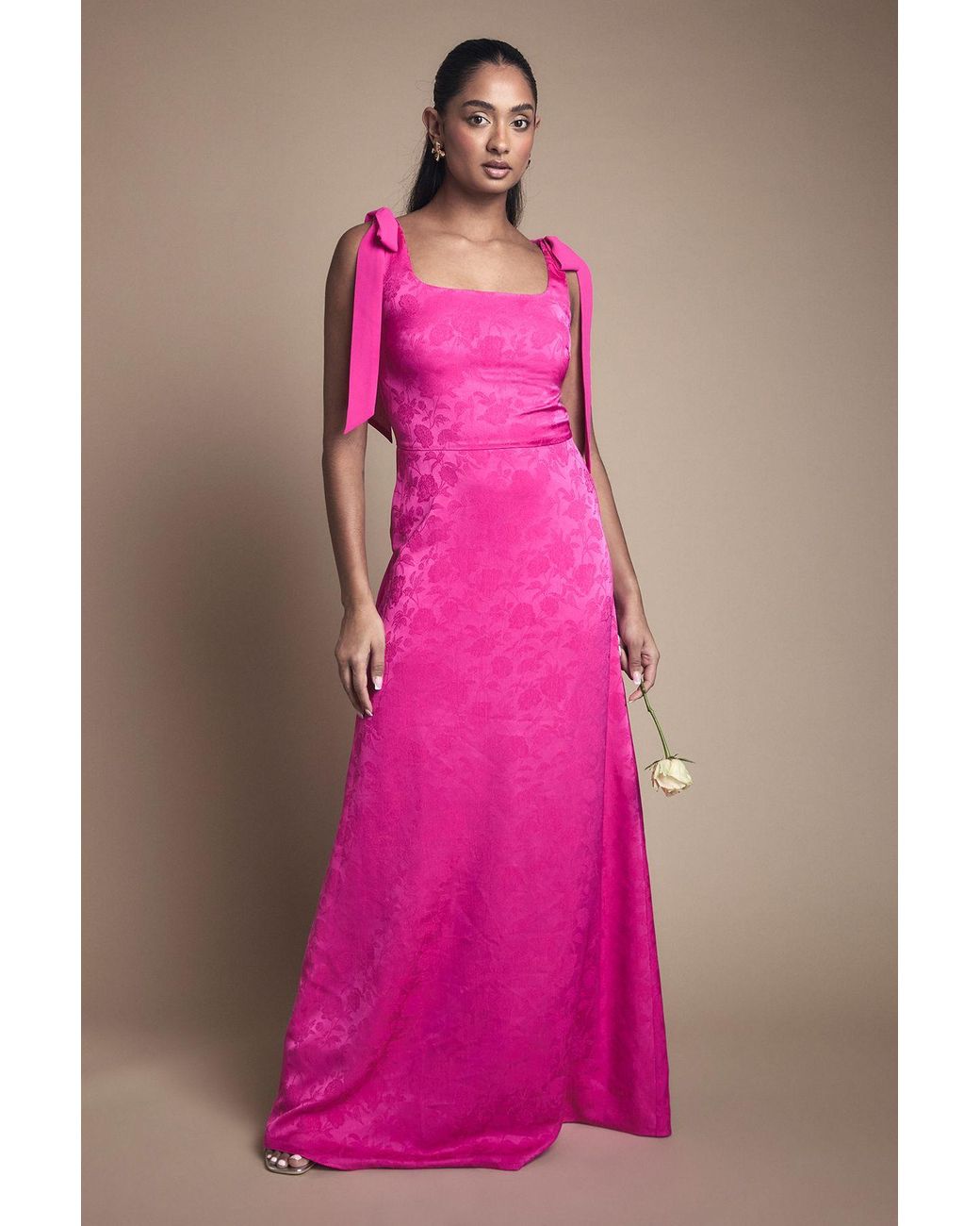Oasis Pink Square Neck Chiffon Tie Shoulder Satin Jacquard Bridesmaid Dress