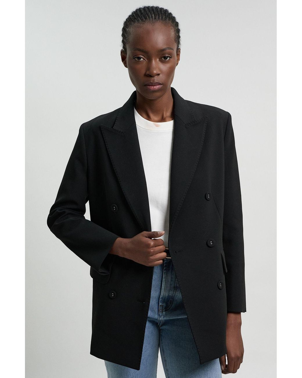 Karen Millen Blue Tailored Double Breasted Ruched Sleeve Blazer