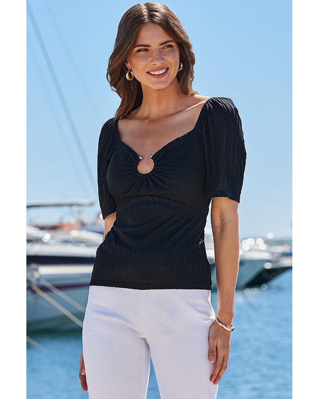 Sosandar Blue Textured Ring Detail Jersey Top