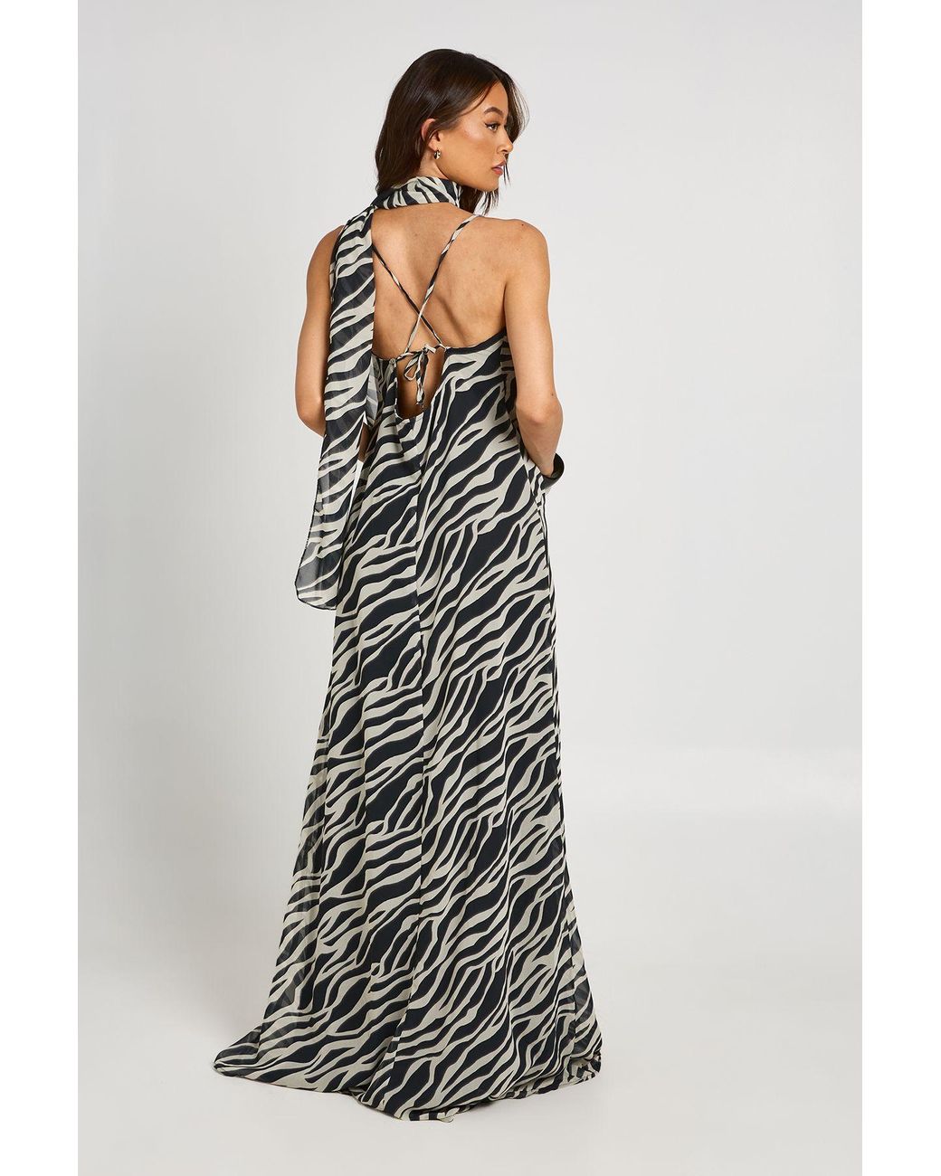 Boohoo White Tall Zebra Print Chiffon Cowl Neck Maxi Dress With Scarf