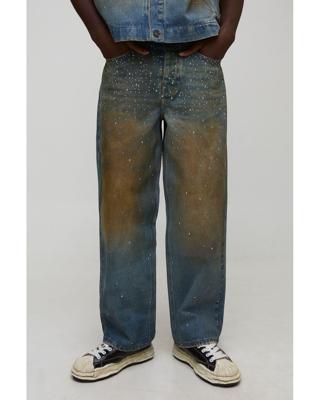 BoohooMAN Green Relaxed Fit Studded Embellished Denim Jeans for men
