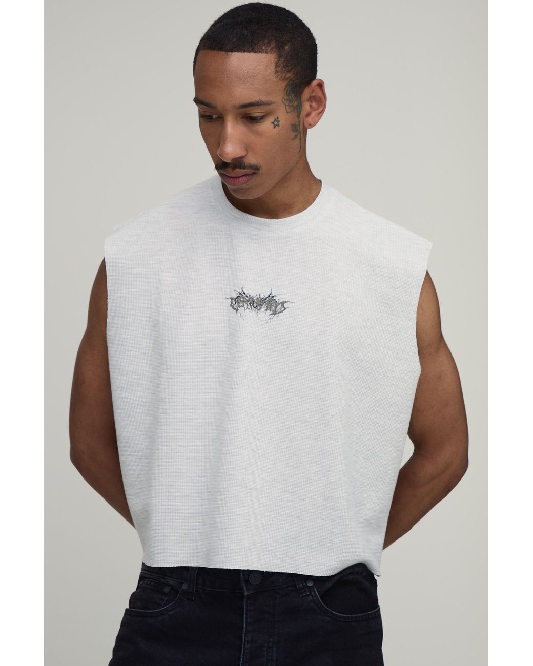 BoohooMAN White Boxy Gothic Print Waffle Tank for men