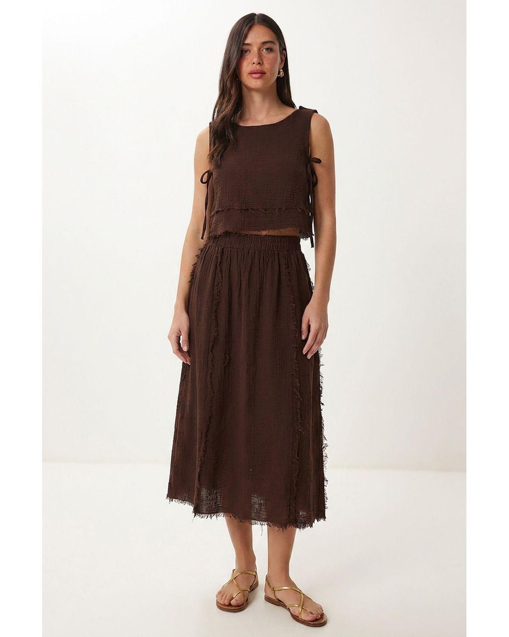 Happiness İstanbul Brown Cotton Sleeveless Blouse And Midi Skirt Set