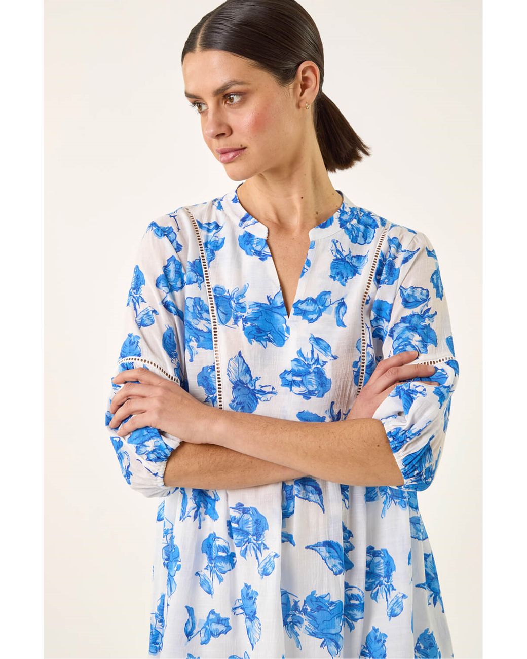 Roman Blue Floral Print Tunic Top