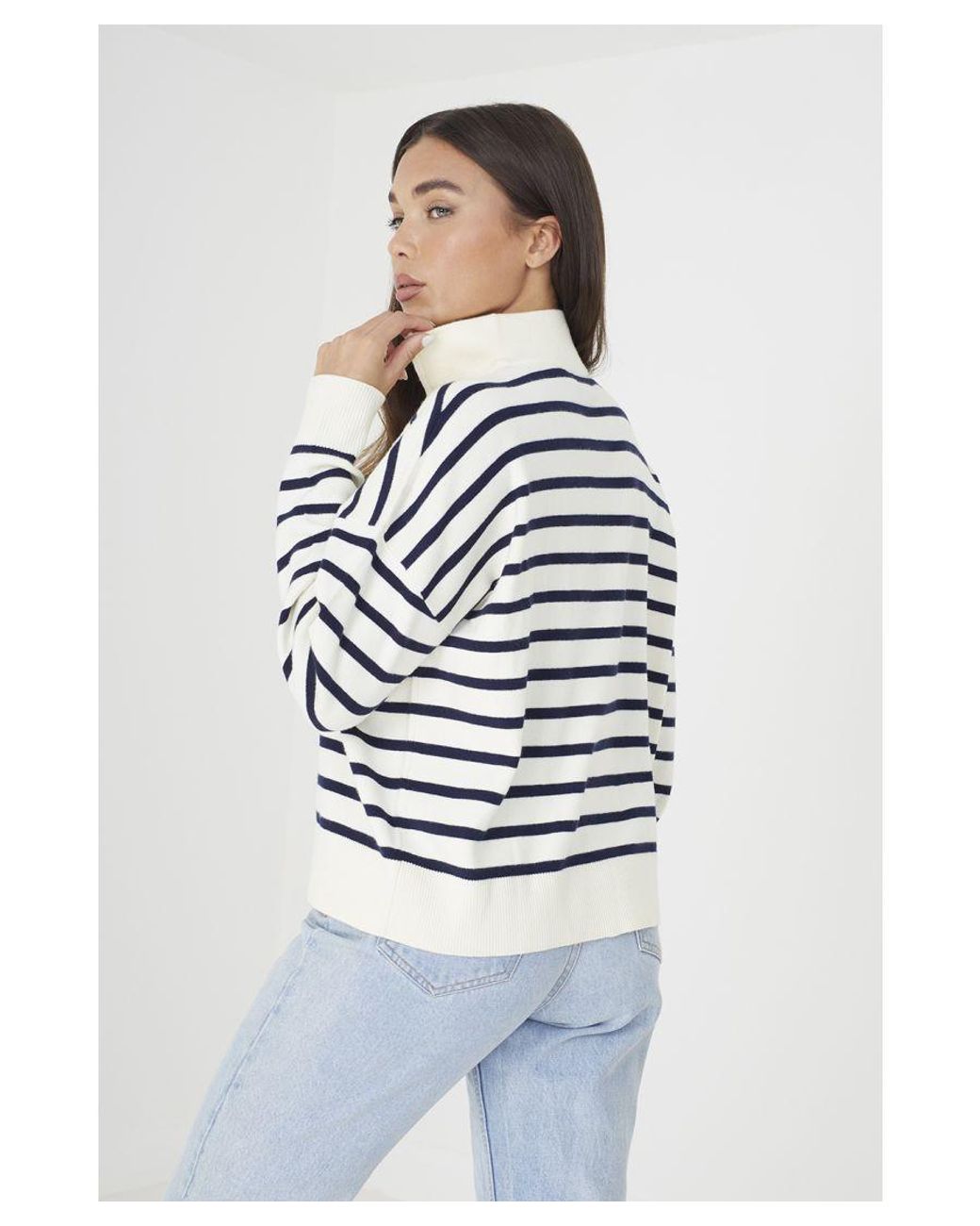 Brave Soul White 'Jottie' Striped 1/2 Zip Knitted Jumper