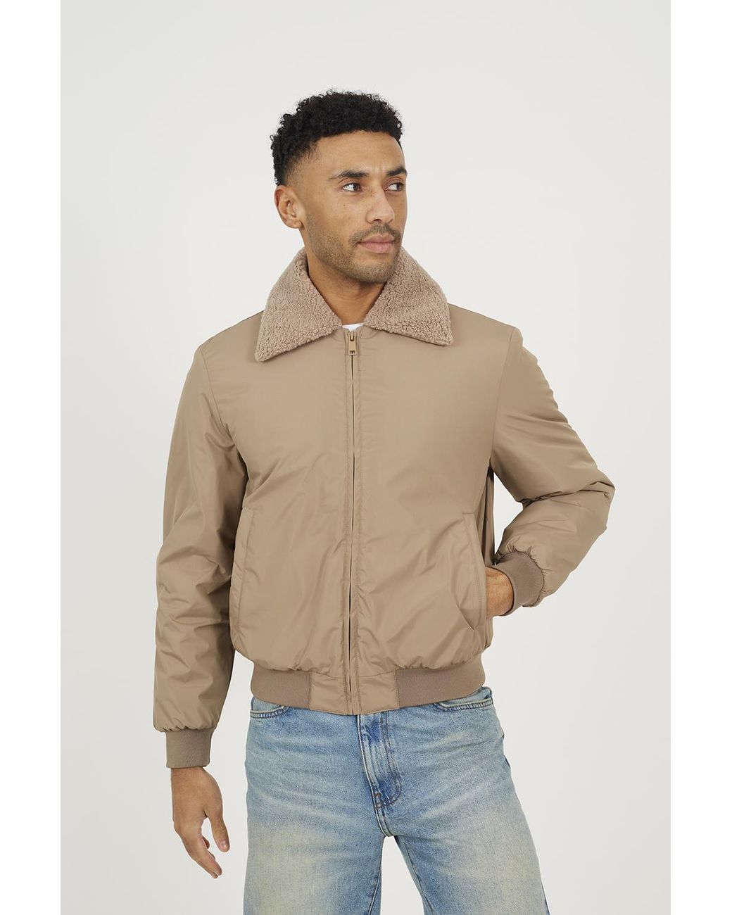 Brave Soul Blue Harrington Jacket With Borg Collar for men